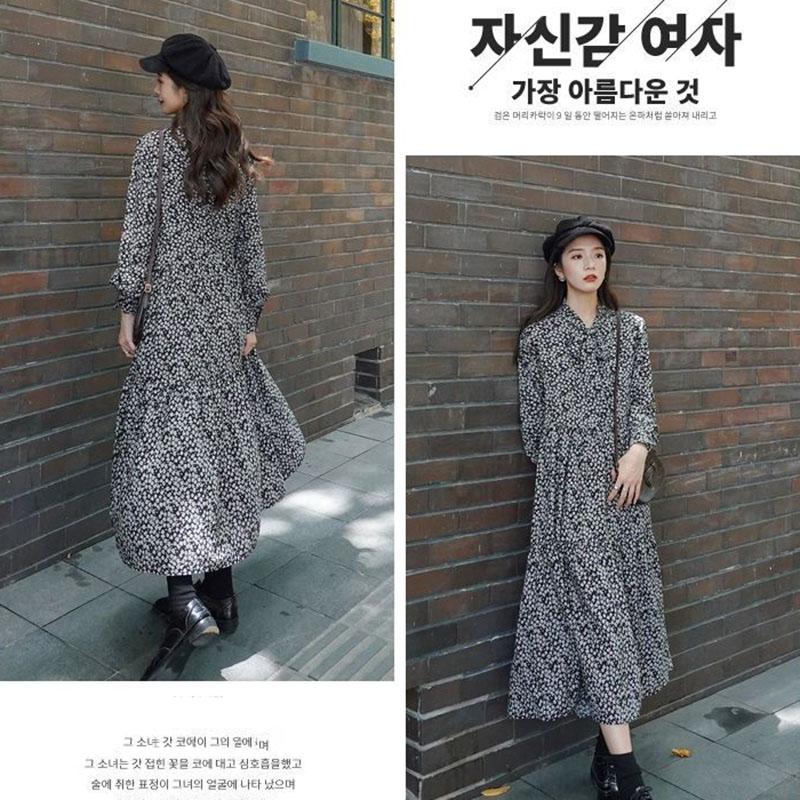 Spring and Autumn French Retro Floral Ladies Bottoming Dress Long Dress Fashion Korean Version Loose and Thin Hepburn Printed Women's Long Dress