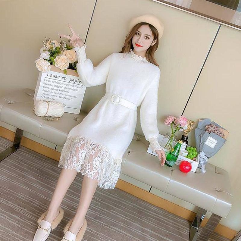 Autumn and Winter Half High Neck Dress Mid-length Lace Stitching Base Temperament Female Sweater Skirt