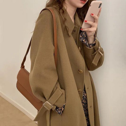 Women's Woolen Coat Mid-length Autumn and Winter Loose Plus Size Over-the-knee Woolen Coat