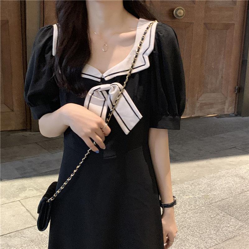 Female Simple Thin Bow Tie Tie High Waist Platycodon Grandiflorum Elegant Bubble Sleeve Dress