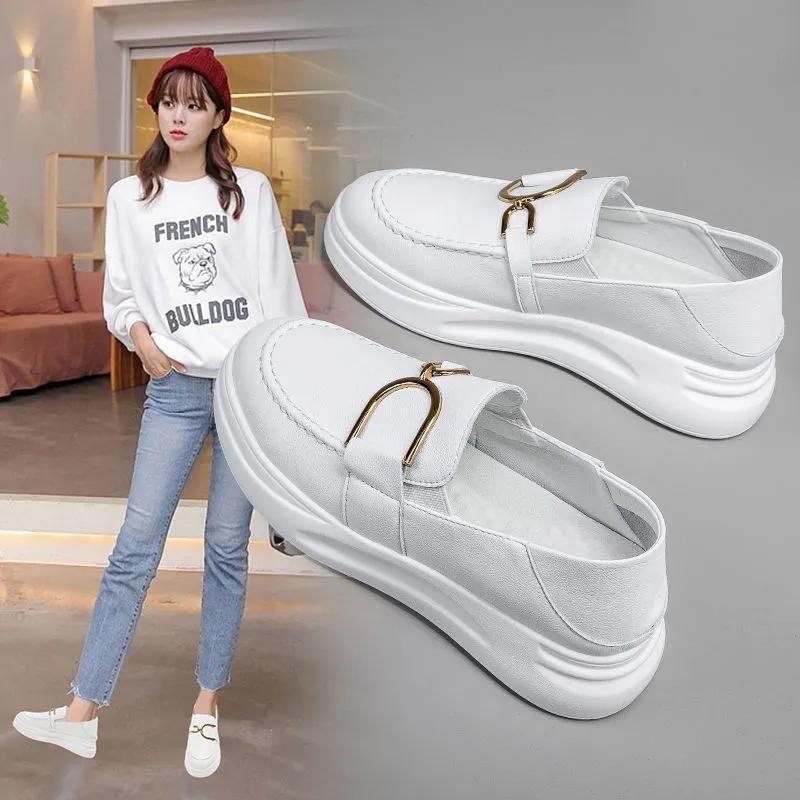 Women's Thick-soled White Shoes Spring and Autumn All-match Pregnant Women Slip-on Shoes Ladies Student Loafers Height Increasing White Shoes