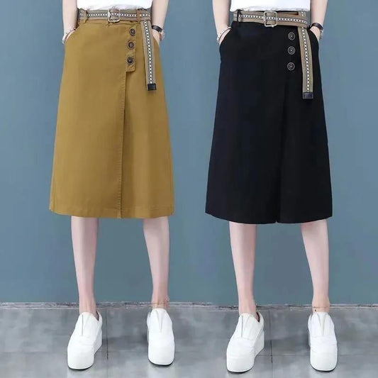 Women Summer Shorts Female Vintage High Waist Solid Color Culotte Large Size Loose Elastic Waist Wide Leg Shorts with Belt