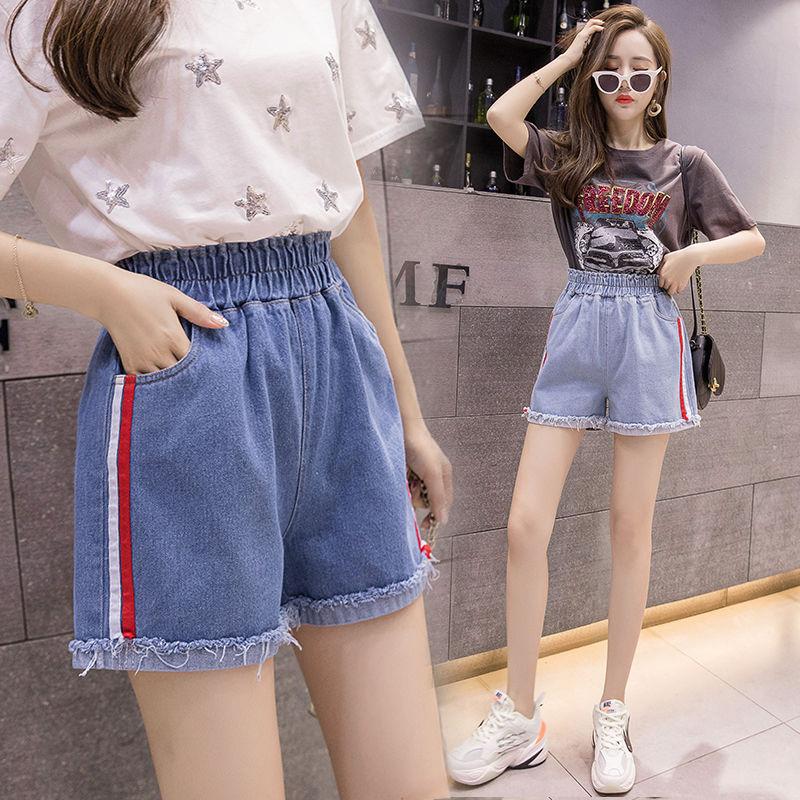 WTEMPO Spring and Summer Girl Women Denim Shorts Big Pocket Elastic Waist Loose  A-line Thin Casual Jeans Wide Leg