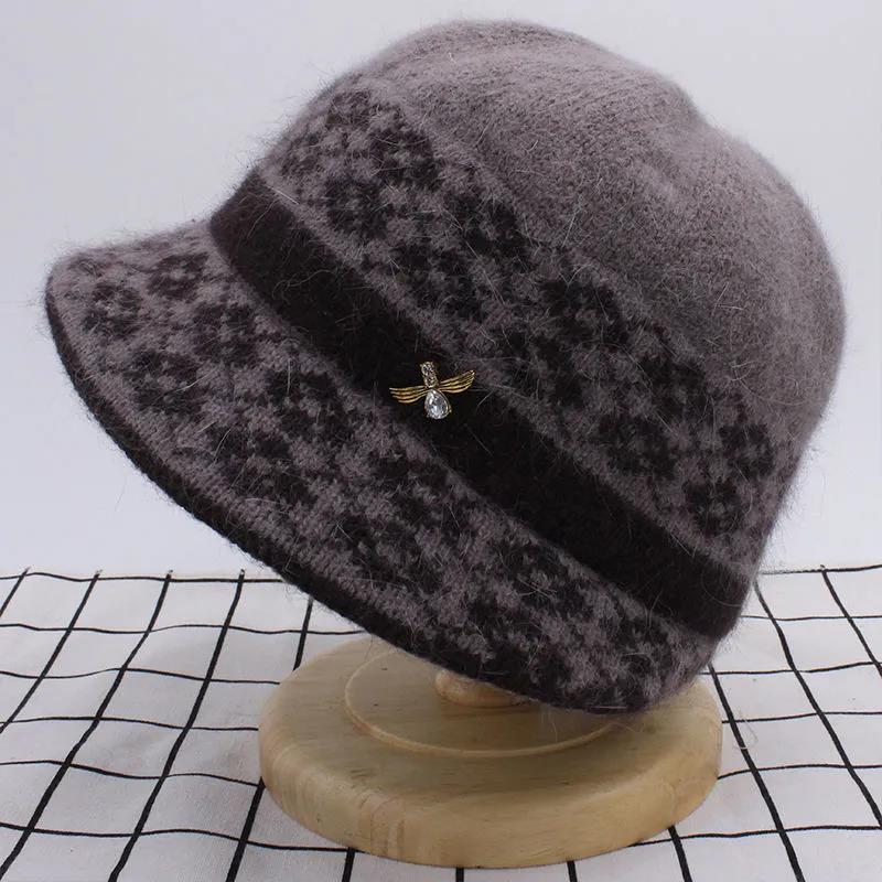 Ladies Autumn Winter Warm Rabbit Woolen Hat Mother's Knitted Hat with Velvet Thickening Rhinestone Decoration Cap High Quality Cold Proof Hat Headgear