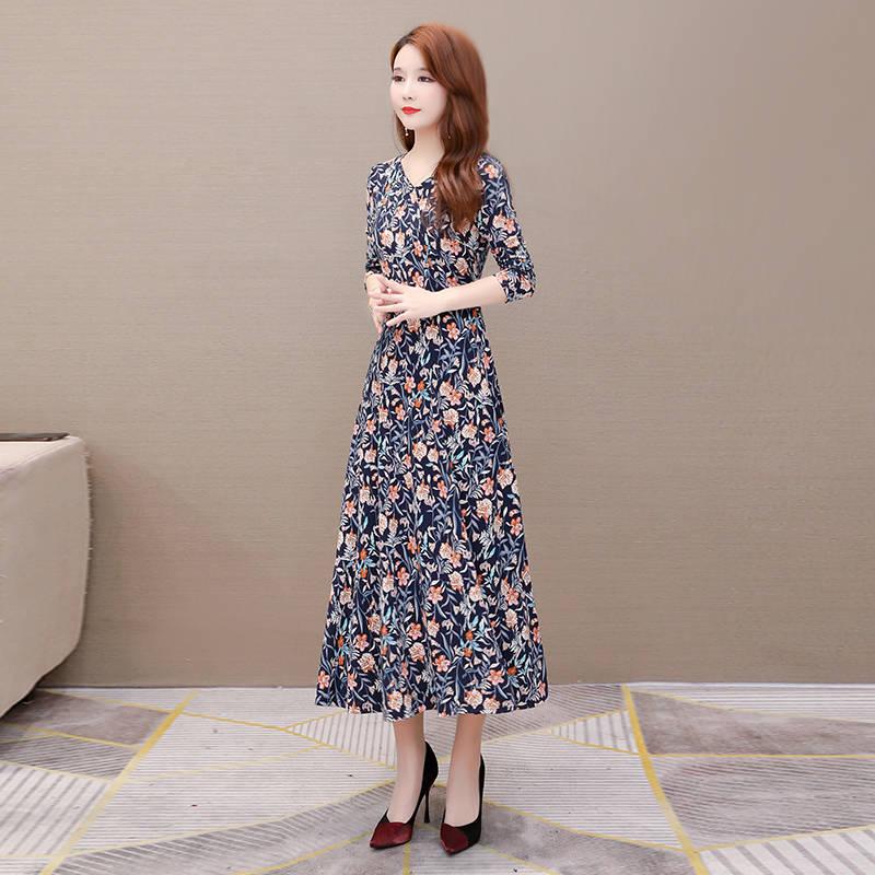 Long Sleeve Print Mid-long Dress Women Vintage Elastic Waist Dresses Female Fashion Floral Dress