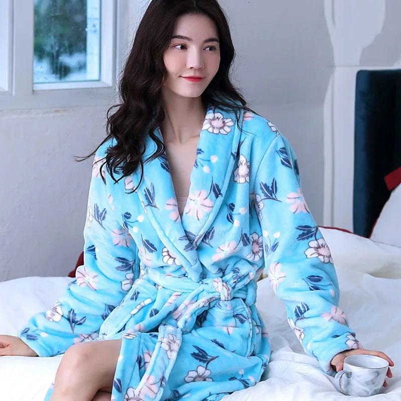 Female Coral Fleece Nightgown Robe Flower Flannel Pajama Autumn Winter Warm Thickening Bathrobe Long Japanese Kimono Bathrobe Sleeping Suit