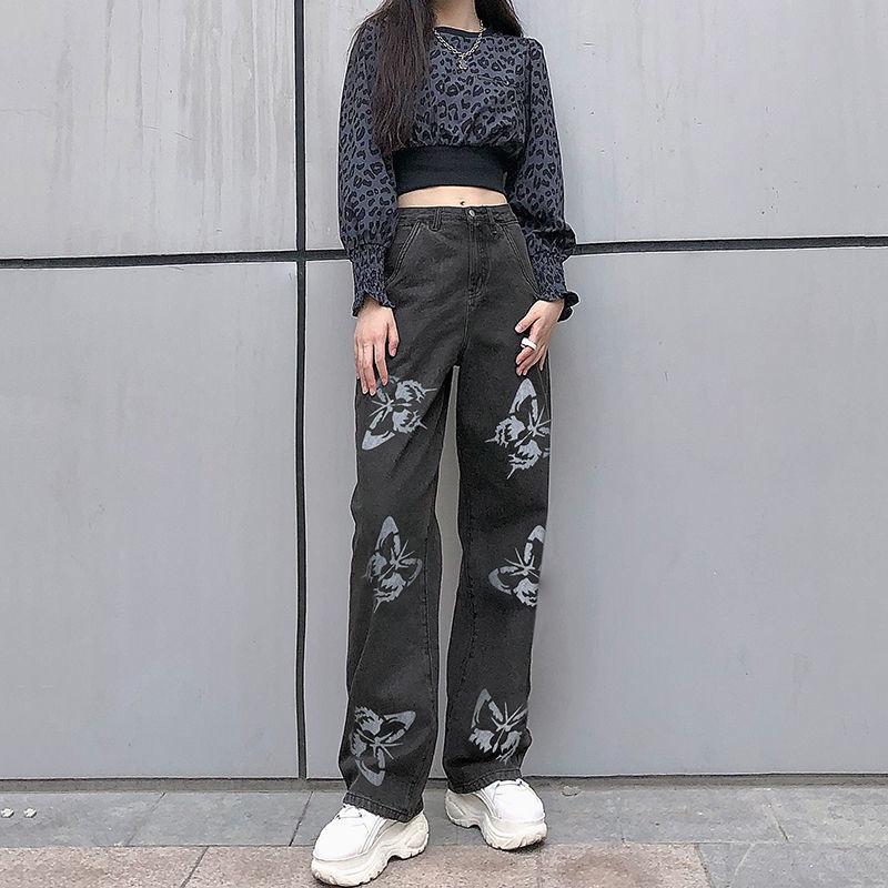 Butterfly Print Straight-leg Jeans Vintage Jeans Loose Streetwear Women's High-waisted Slim and Versatile Drape Loose Mopping Casual Pants