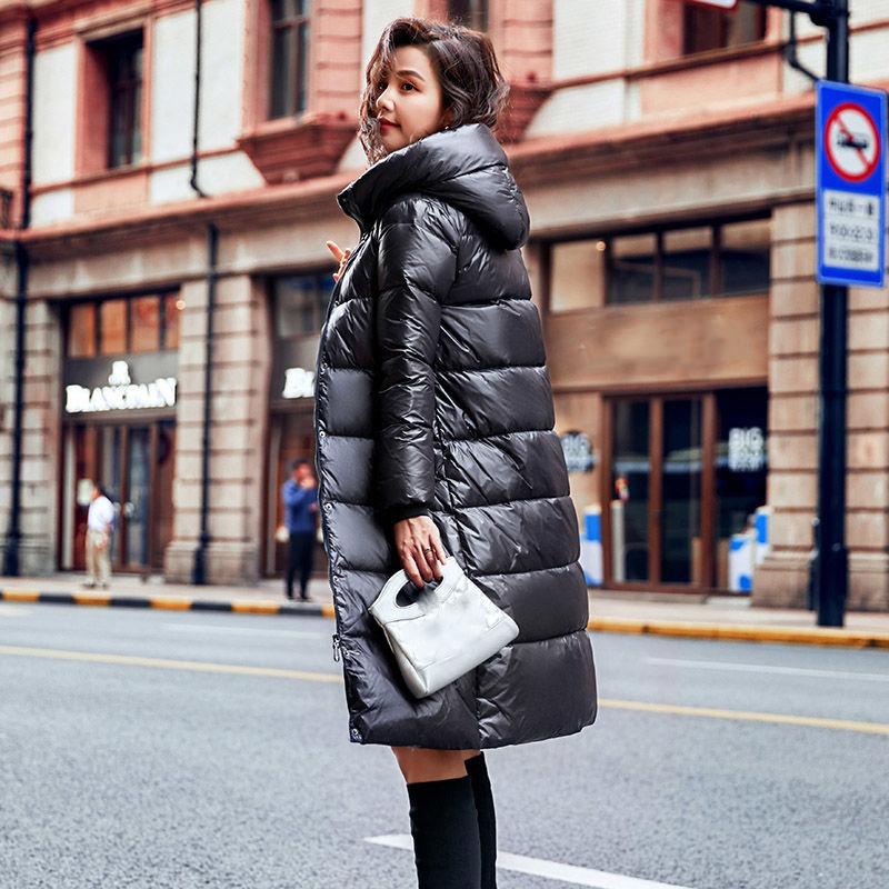 Glossy Down Jacket Women's Mid-length Hooded Slim-fit Padded Over-knee Warm Winter Jacket Padded Down Jacket