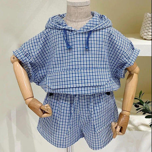 Boy's Summer Suit Two-piece Suit for Children Korean Version of Children's Cotton Plaid Hooded Two-piece Suit