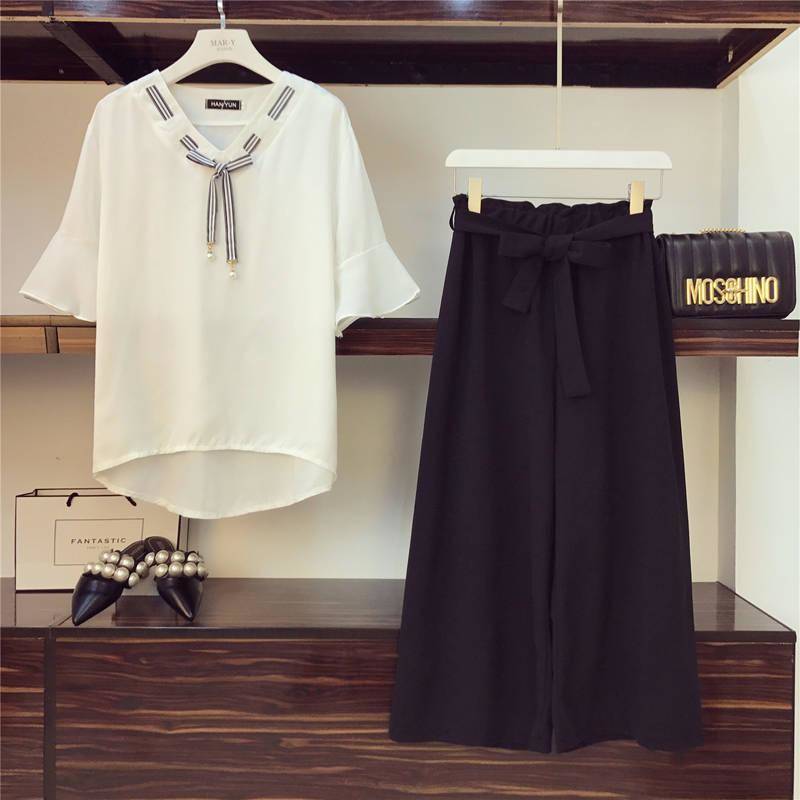 Suit Chiffon Shirt Casual Women's Wear Wide Loose Wide-leg Pants Two-piece Shirt Loose Cover Meat Thin Casual Suit Plus Size Women's Clothing