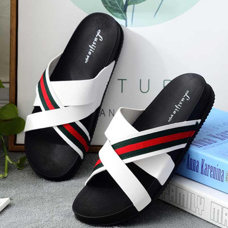 Size40-45 Summer Men Sandals Comfortable Non-slip PU Leather Beach Slippers Casual Outdoor Slippers Cross Alphabet Drag Flip Flops