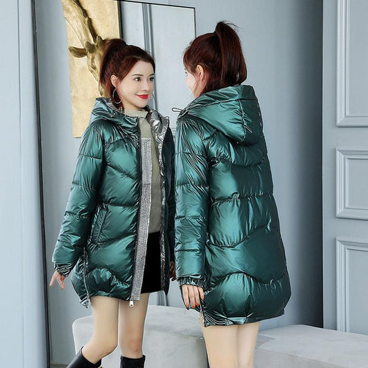 Glossy Disposable Women's Down Padded Jacket Mid-length Hooded Cotton-padded Jacket Fashionable Waist Thinner Jacket