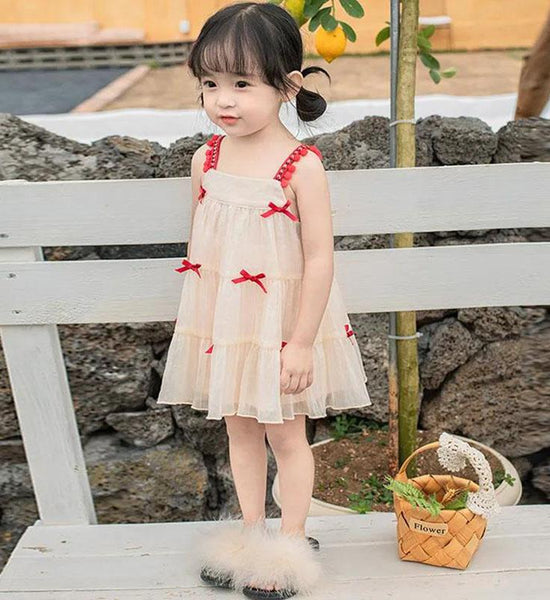 Girls Summer Dress Sling Dress Girl Baby Sweet Princess Skirt Little Girl Children's Fairy Skirt Red Bow A-line Skirt Mesh Skirt