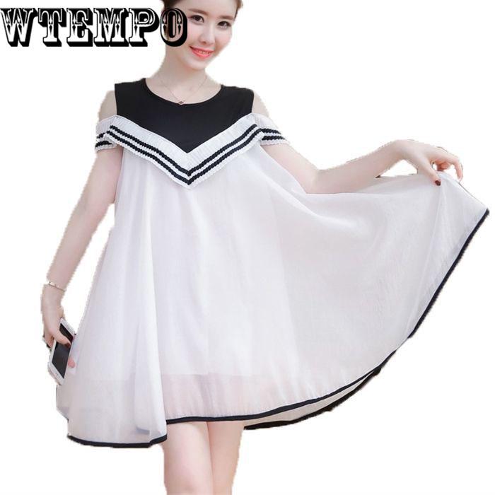 Summer new Korean version of the fake two large size women's short-sleeved long chiffon dress