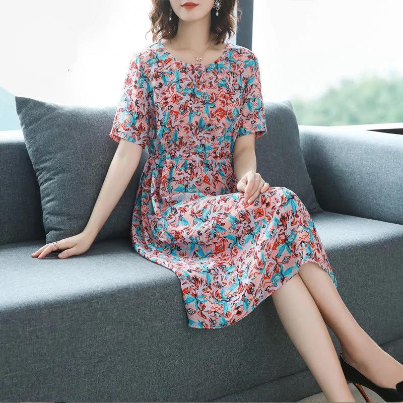 Women's Summer Short-sleeved Mid-length Skirt Floral Round Neck Large Size Loose and Thin Dress