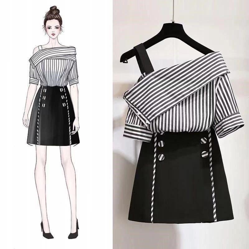 Summer Skirt Set Women Strap Off-Shoulder Striped Shirt Short Skirt Two-piece Set Fashion