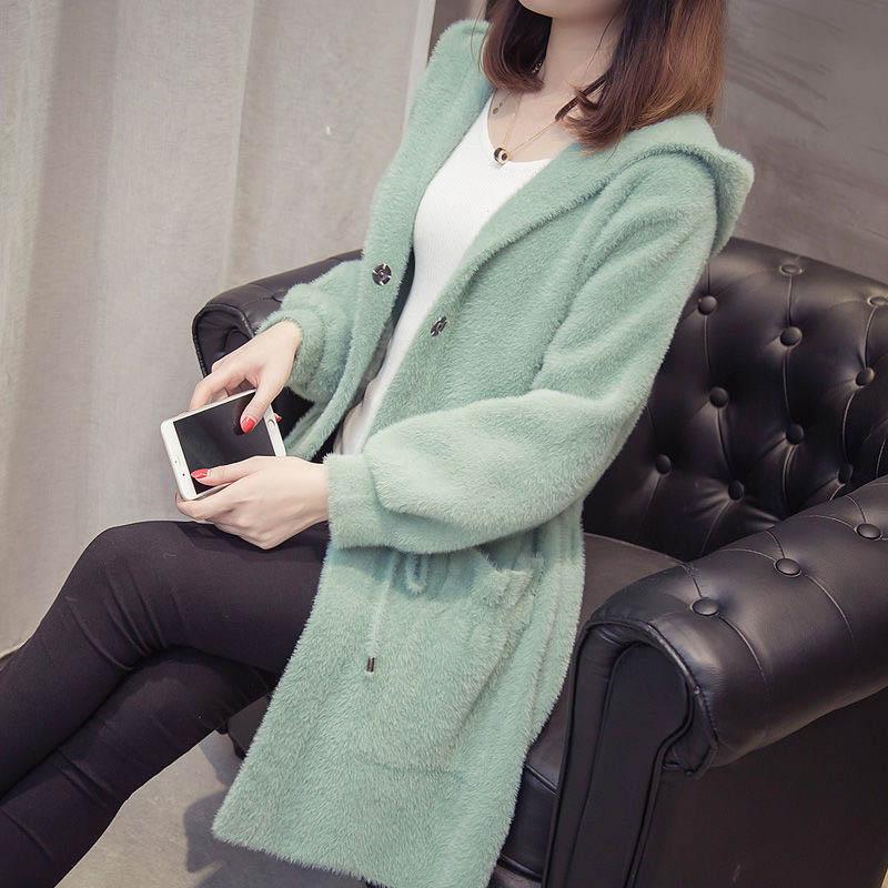 Autumn and Winter Imitation Mink Cardigan Hooded Loose Mid-length Lazy Sweater Large Size Thick Coat Women