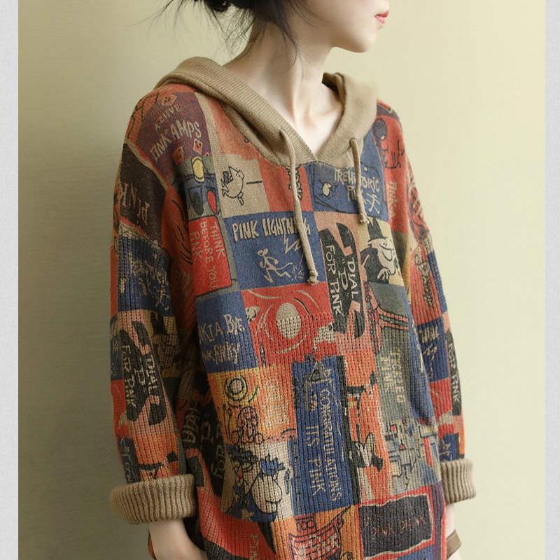 High Quality Core Yarn Printing Was Thin Hooded Knitted Pullover Sweater Coat Women