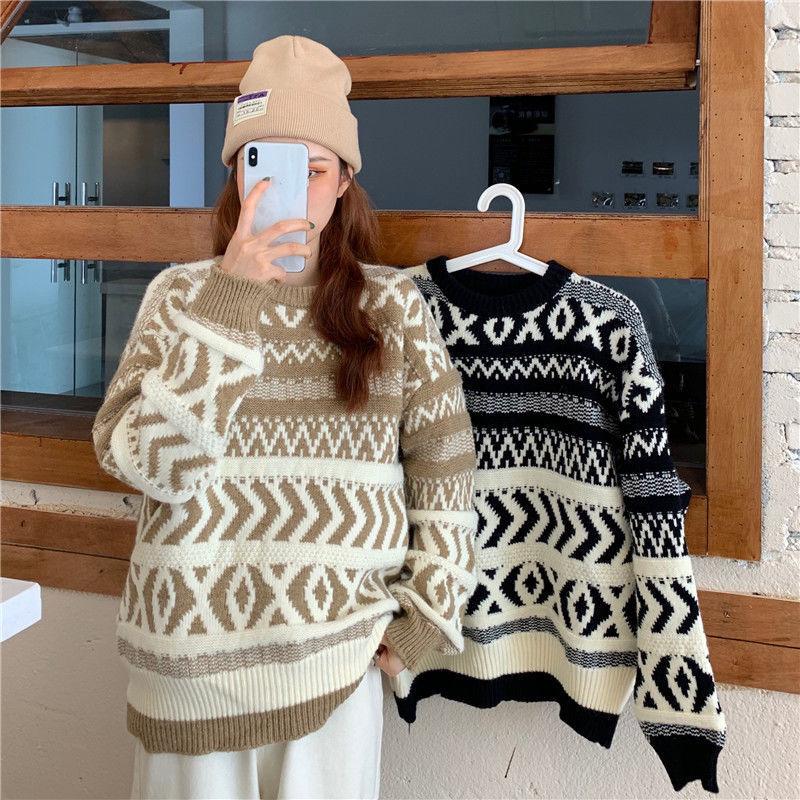 Autumn Winter  Women Fashion Sweater Casual Knitting Sweater Retro All-match Round Neck Pullovers Loose Casual Long Sleeve Sweater