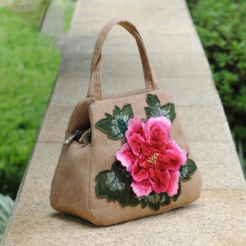 Ethnic Style Women Printing Canvas Embroidery Handbag Exquisite High Quality Elegant Tote Bag