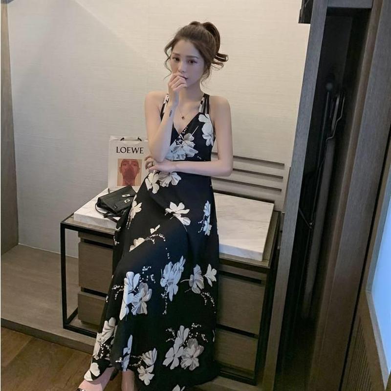 Summer Korean Mid-length Printed Halter Sexy Sling Dress Women's Holiday Big Swing Beach Dress