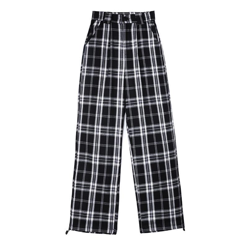 Women's Black and White Plaid Pants Loose Straight High Waist Slimming Casual Wide-leg Plus Size Pants