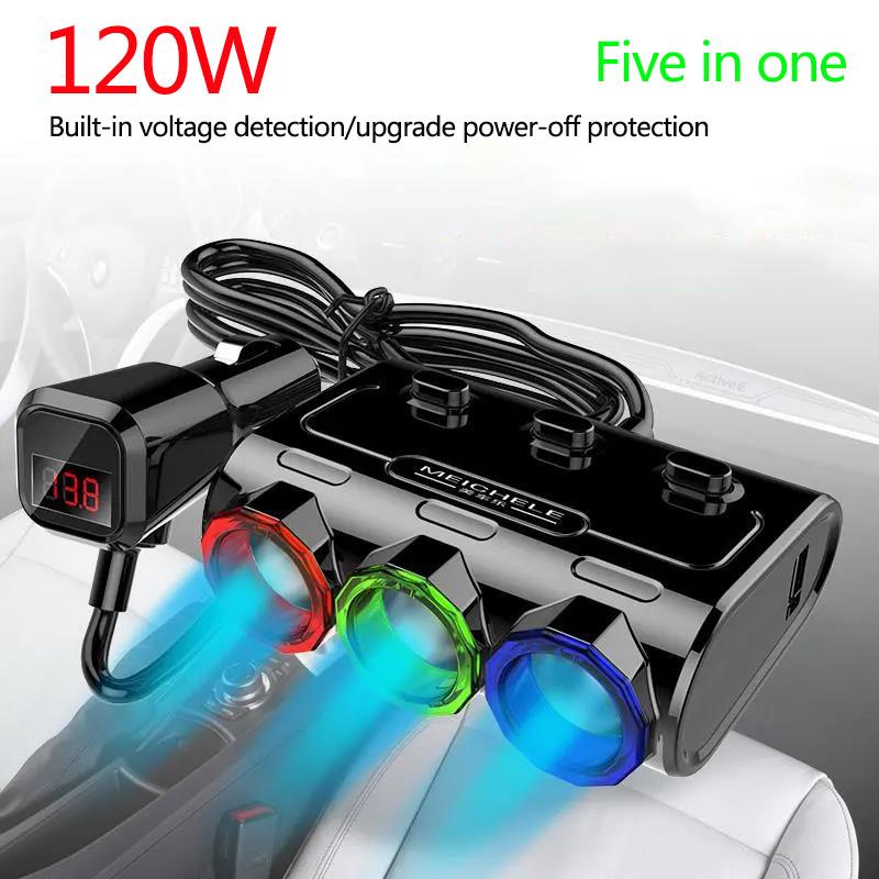 120W Five-in-One Car Charger Fast Charge Adapter Multifunctional Car Socket Cigarette Lighter Head Power Adapter