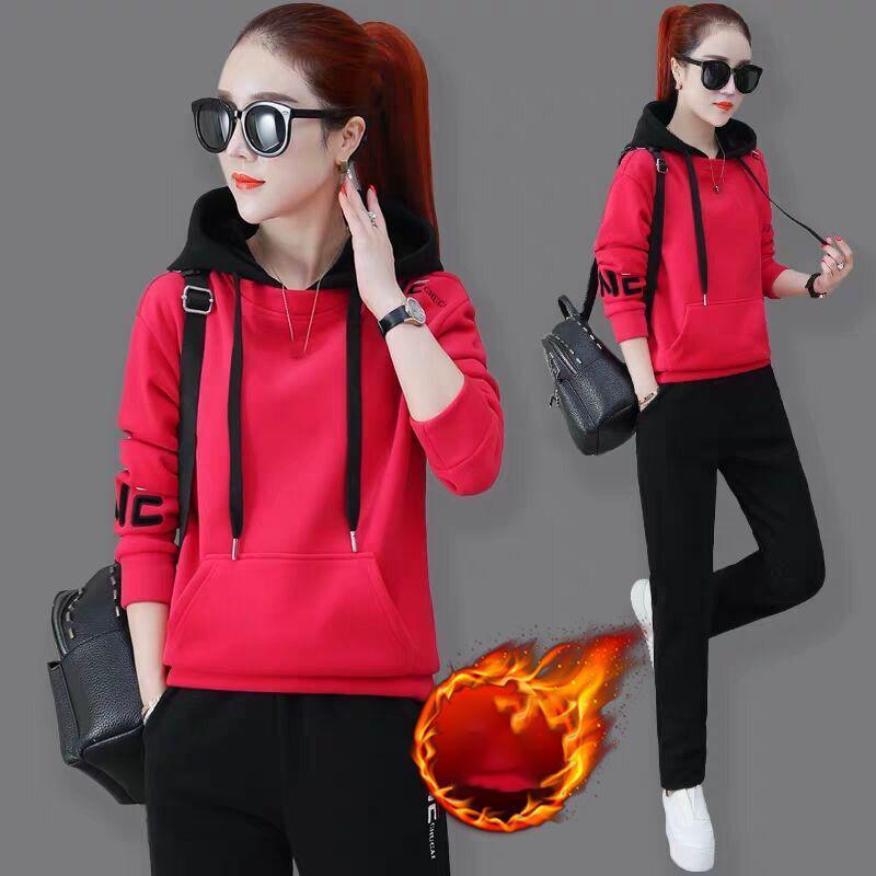 Plus Velvet Thickened Leisure Sports Suit Women Loose Hooded Hoodie Two-piece Fabric Breathable Warmth and Comfort