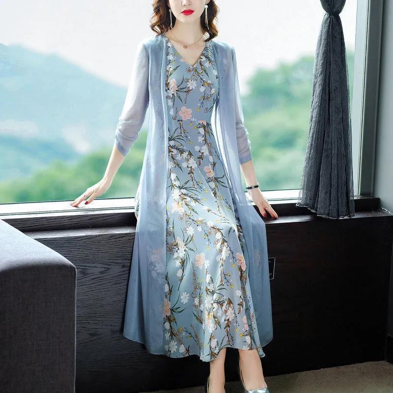 Hiffon Suit 2021 Spring Summer and Autumn Women's Fashion Age Reduction Slim Waist Cardigan Printed Vest Dress Two-piece Suit