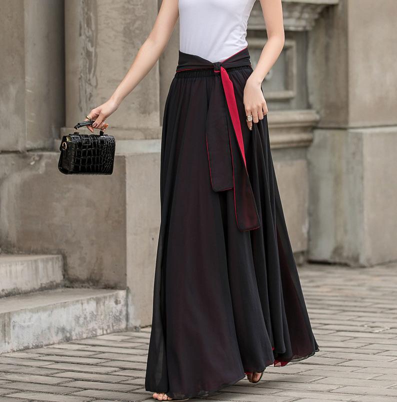 Black Long Chiffon Maxi Skirt Women, Swing Full Circle Skirt, Boho Maxi Skirt, Elastic Waist Chiffon Skirt with Sash, Plus Size Skirt