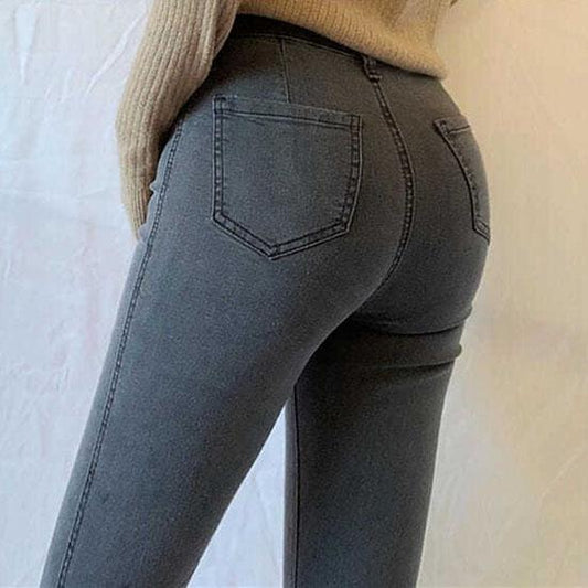 Women's Large Size Jeans High Waist Stretch Skinny Denim Trousers Solid Color Streetwear Vintage Washed Elastic Slim Pencil Pants