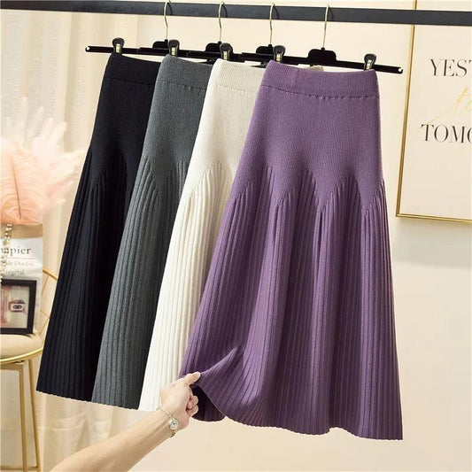 Autumn and Winter Ladies Mid-length All-match A-line Knitted Skirt Is Thin and Pleated Skirt