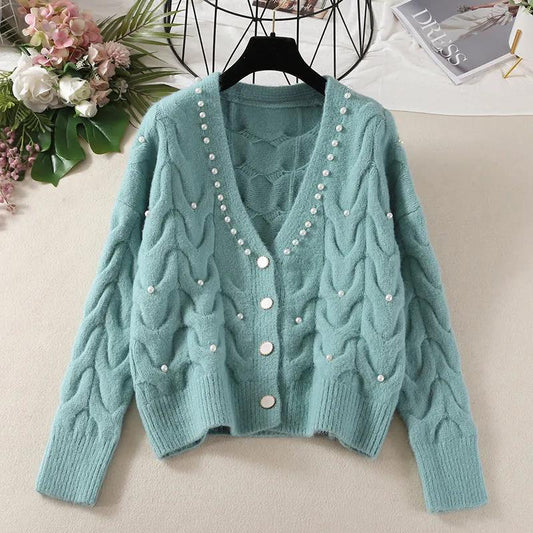 Autumn Winter Knitted Female Cardigan Loose Streetwear Knit Sweater Coat Cute V Neck Knitted Cardigan Women Jacket