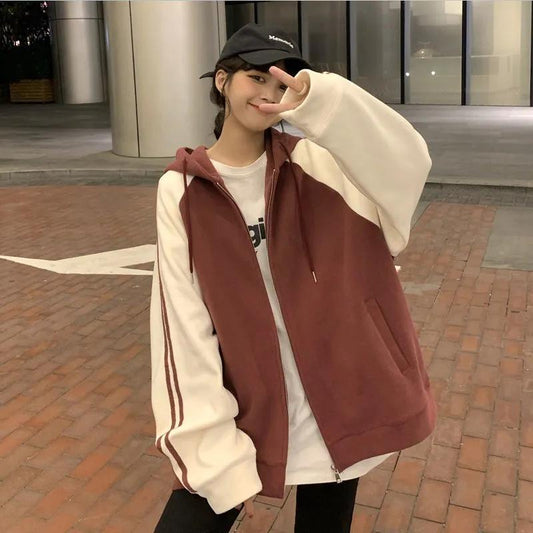 Women's Autumn and Winter Korean Version Fleece Thickened Contrast Coat Casual Hooded Cardigan Loose Student Sweater Zipper Jacket for Girls