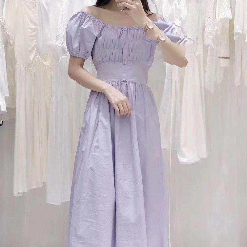 One-line Collar Strapless Dress Summer Sweet Temperament Small Fresh Mid-length A-line Skirt Waist Was Thin and Elegant Temperament Retro Style