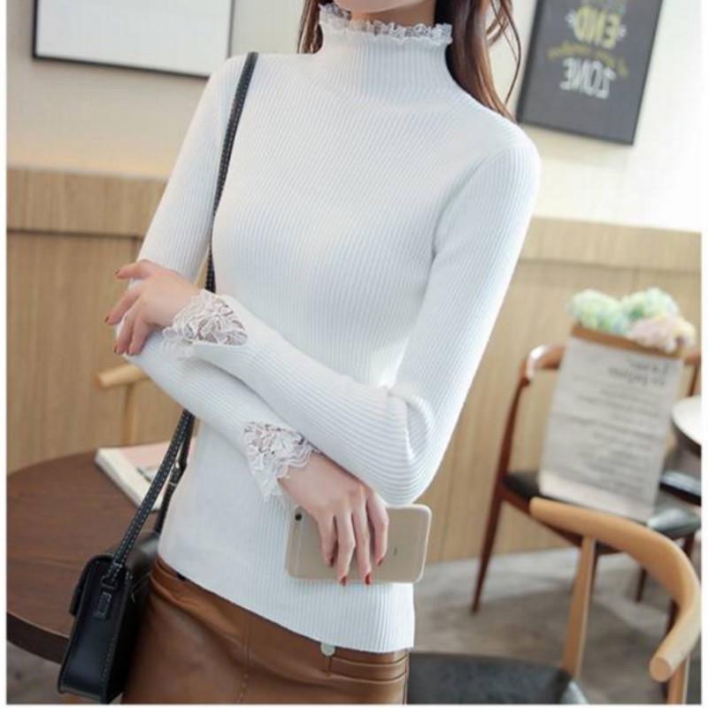 Pofulove autumn and winter sweater women's lace lace slim top long-sleeved pullover solid color base sweater women