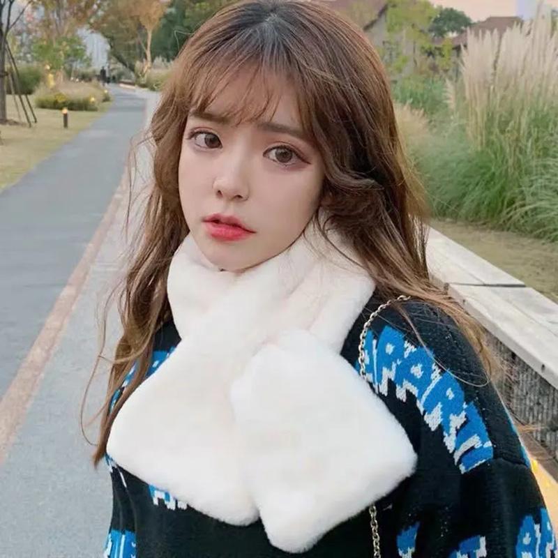 Women's Korean Style Cute Plush Faux Rex Rabbit Fur Blend Scarf Autumn and Winter Bib Pullover Solid All Match Scarf Soft Cross Neck Bib Neckerchief