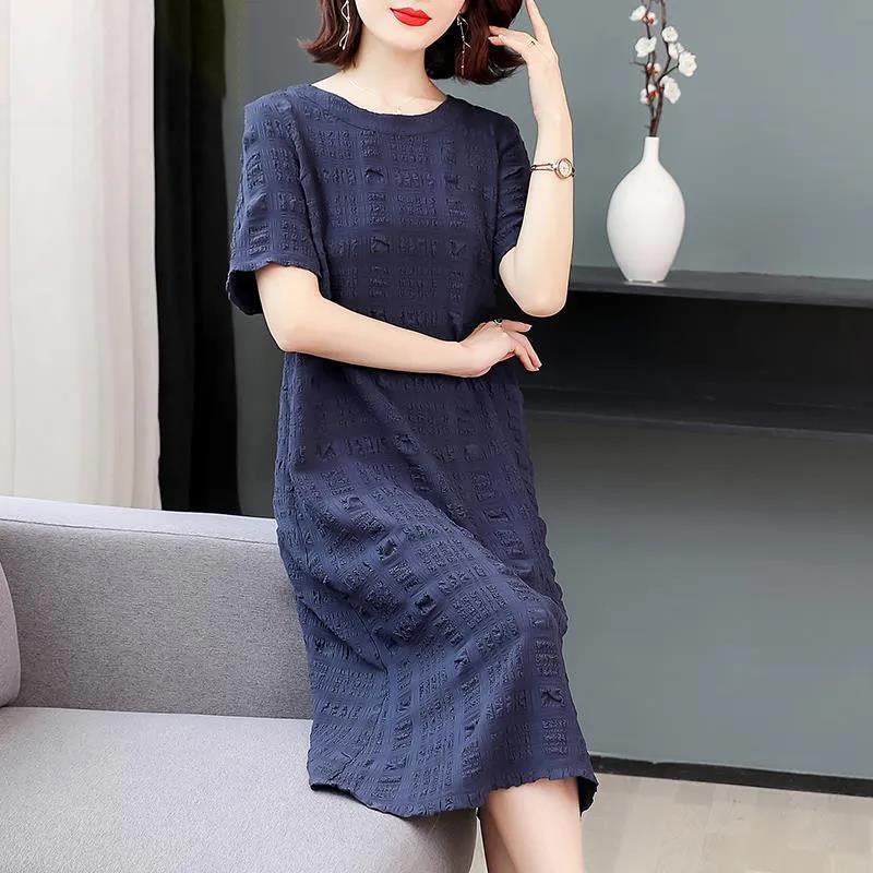 Short-sleeved Simple Retro Dress Round Neck Short-sleeved Women's Loose Mid-length Skirt Fabric Light and Breathable Straight Version Dress