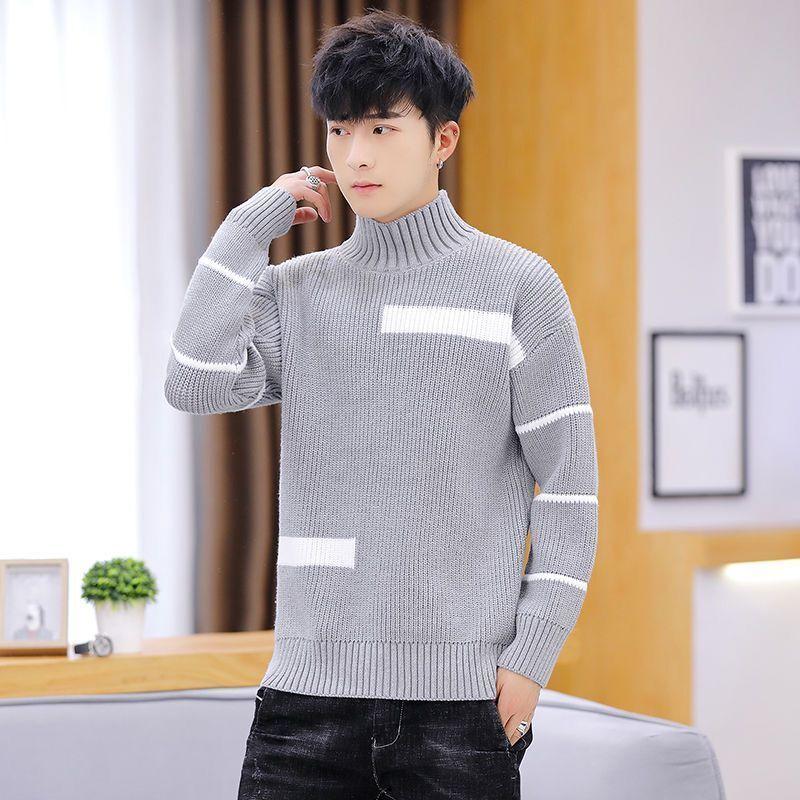 Spring and Autumn Striped Casual Round Neck Sweater Personalized Half High Neck Splicing Color Sweater