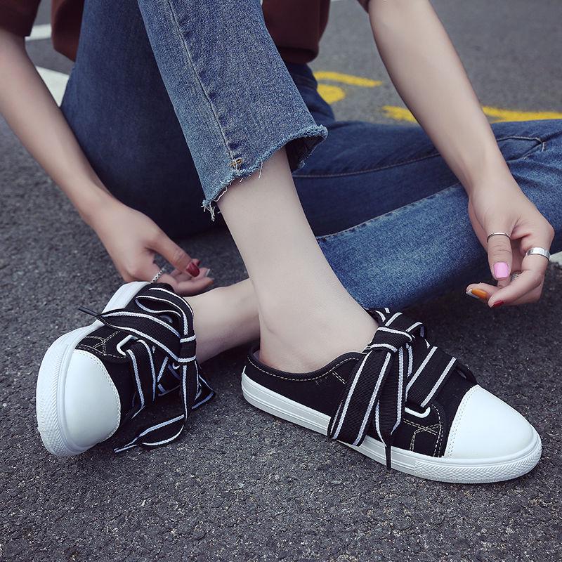 Shoes female wild Korean version no heel lazy shoes student half slippers women canvas shoes