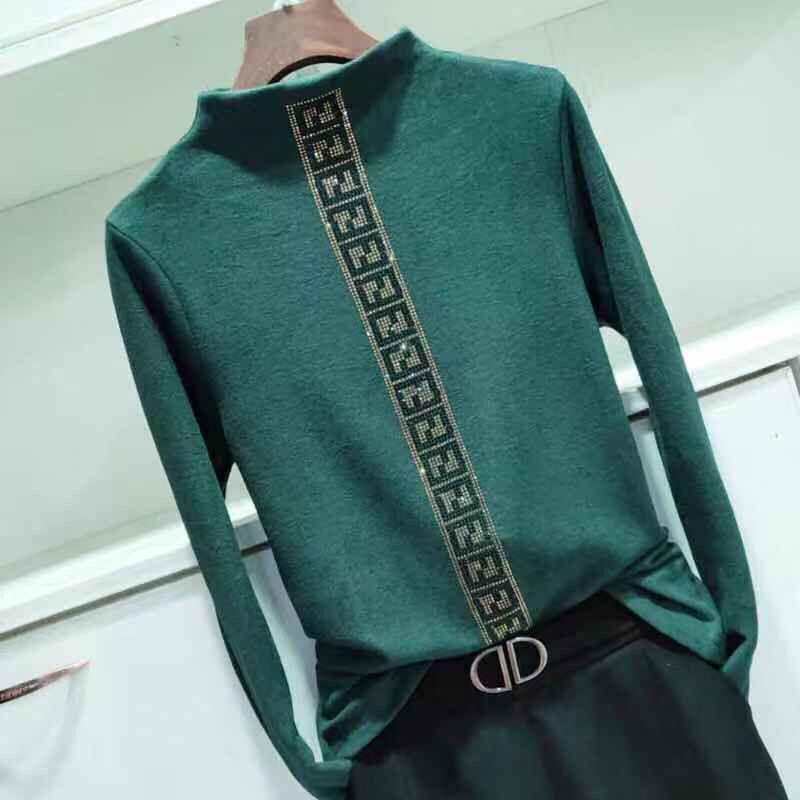 Plus Velvet  Bottoming Shirt Women Autumn and Winter Korean High-neck Rhinestone Pullover Bottoming Shirt