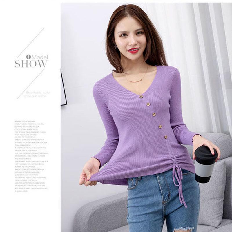 Autumn and Winter V-neck Loose Sweater Long Sleeve Casual Simple Tops Sexy Slim Women Bottoming Shirt