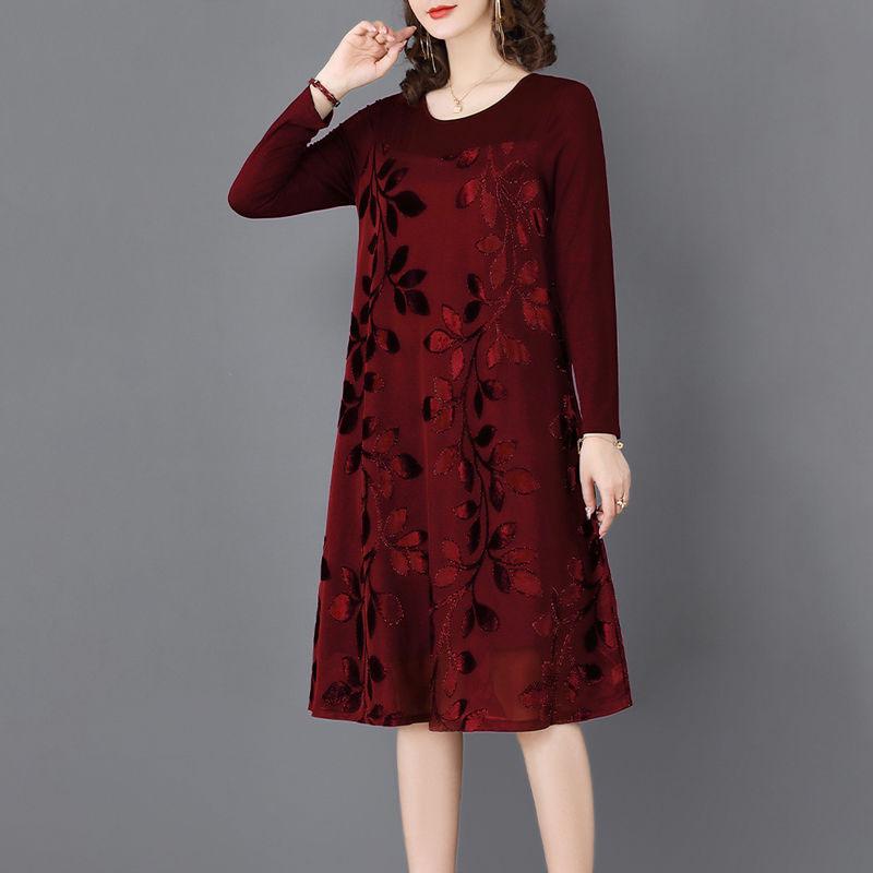 Women Solid Color Print Long Sleeve V-neck Dress Spring and Autumn Large Size Loose Knee-length Size L-XXXXXL