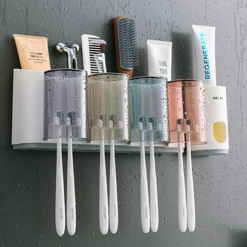 Toothpaste Dispenser Wall Mount Dust-proof Toothbrush Holder Wall Mount Storage Rack Bathroom Accessories Set Squeezer