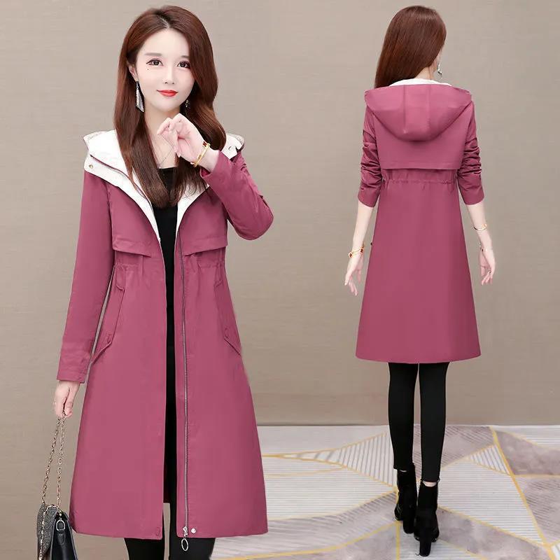 Women Boutique Slim Jacket Spring & Fall Hooded Coat Solid Color Casual Windbreaker Tight Waist Parka Long