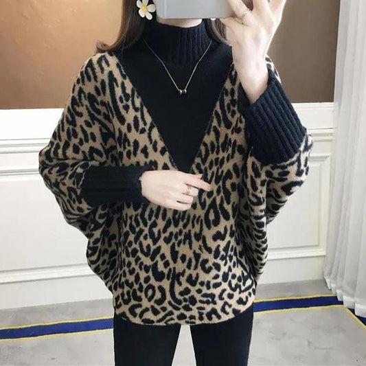 Women's Autumn High Neck Leopard Print Sweater Winter Large Size Loose Pullover Long Batwing Sleeve Knitted Top