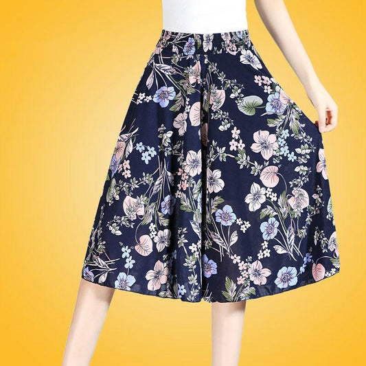 Women Summer Large Size High Waist Wide Leg Casual Culottes Loose Elastic Waist Floral Printed Thin Knee-length Trousers