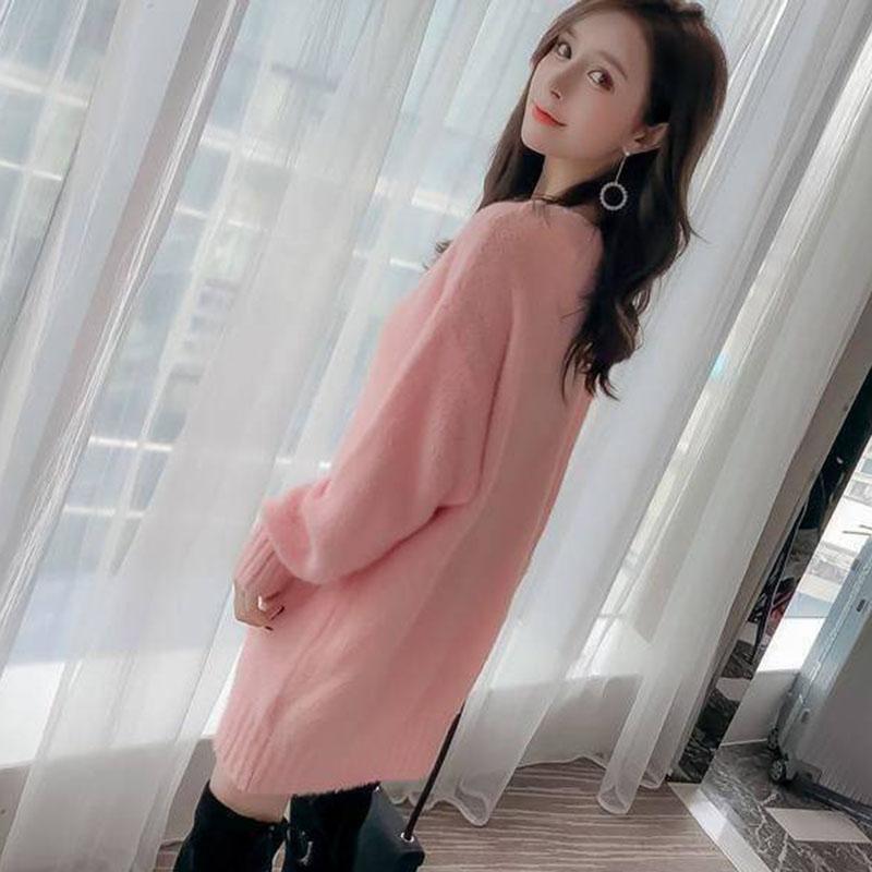 Autumn and Winter Mohair Sweater Mid-length Loose Bag Hip Dress Round Neck Pullover Knit Bottoming Shirt