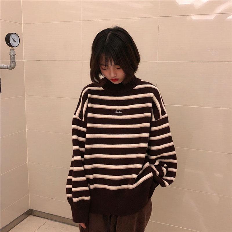 Korean Style Turtleneck Sweater Female Students Fall/winter Lazy Style Loose Pullover Striped Knitted Sweater