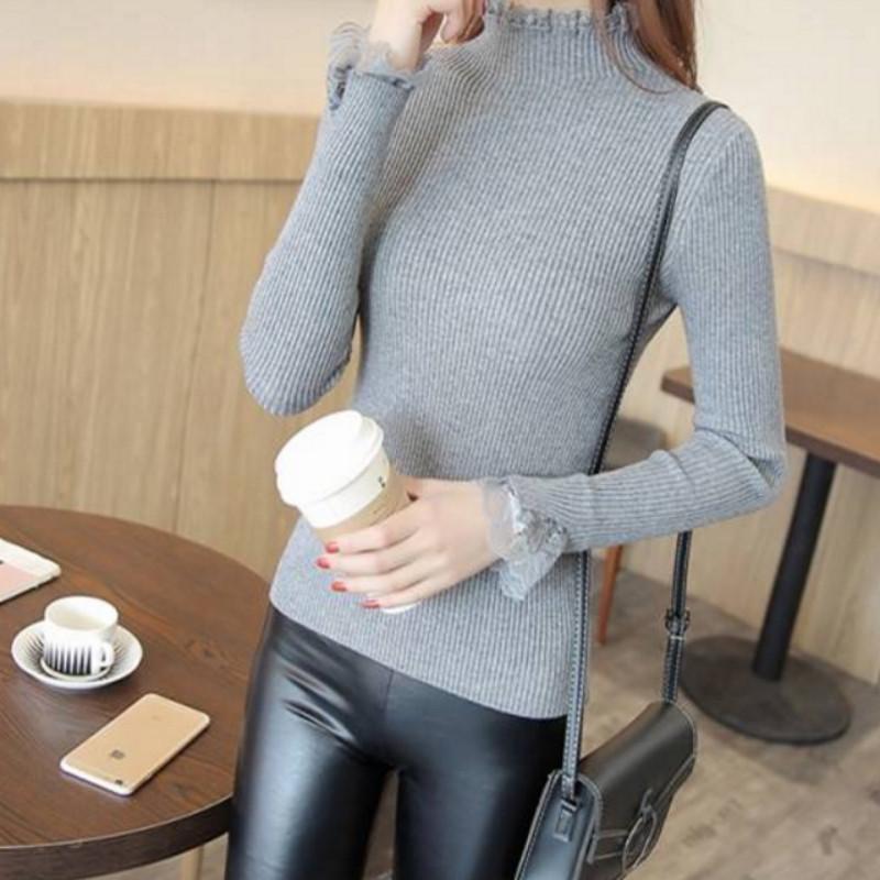 Pofulove autumn and winter sweater women's lace lace slim top long-sleeved pullover solid color base sweater women